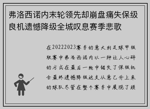 弗洛西诺内末轮领先却崩盘痛失保级良机遗憾降级全城叹息赛季悲歌 弗洛西诺内末轮领先却崩盘痛失保级良机遗憾降级全城叹息赛季悲歌