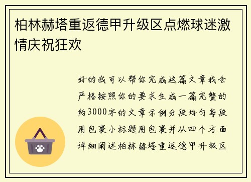 柏林赫塔重返德甲升级区点燃球迷激情庆祝狂欢